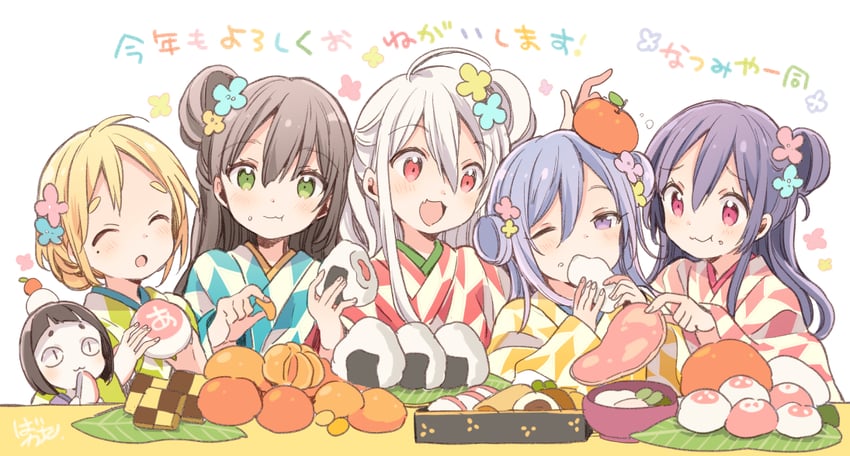 chiya, tatsumi kon, yukimi koume, natsume nono, matsuko, and 1 more (urara meirochou) drawn by harikamo