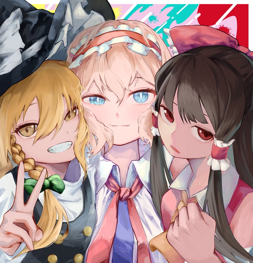 hakurei reimu, kirisame marisa, and alice margatroid (touhou) drawn by dedemaru