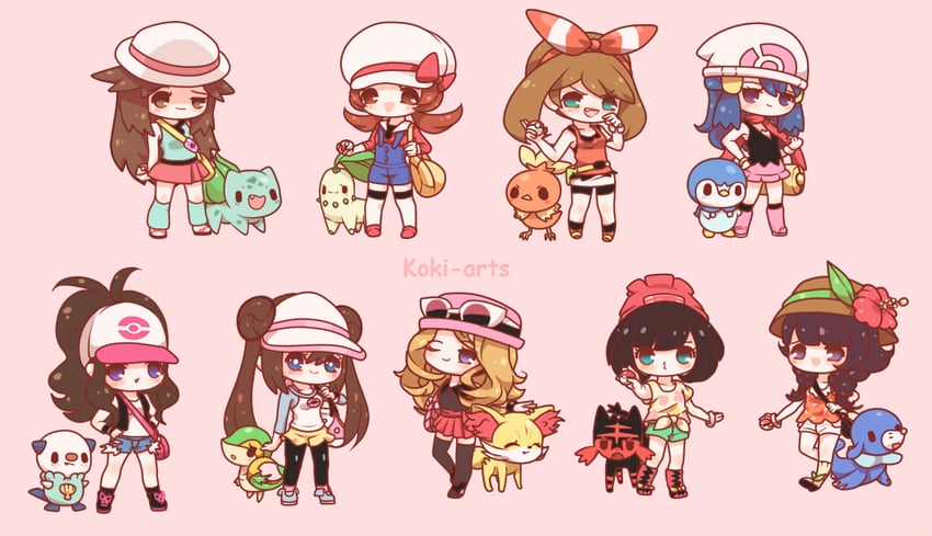 dawn, may, hilda, selene, piplup, and 10 more (pokemon and 9 more) drawn by koki_arts