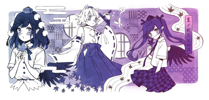 shameimaru aya, inubashiri momiji, and himekaidou hatate (touhou) drawn by touya_(konpekitou)