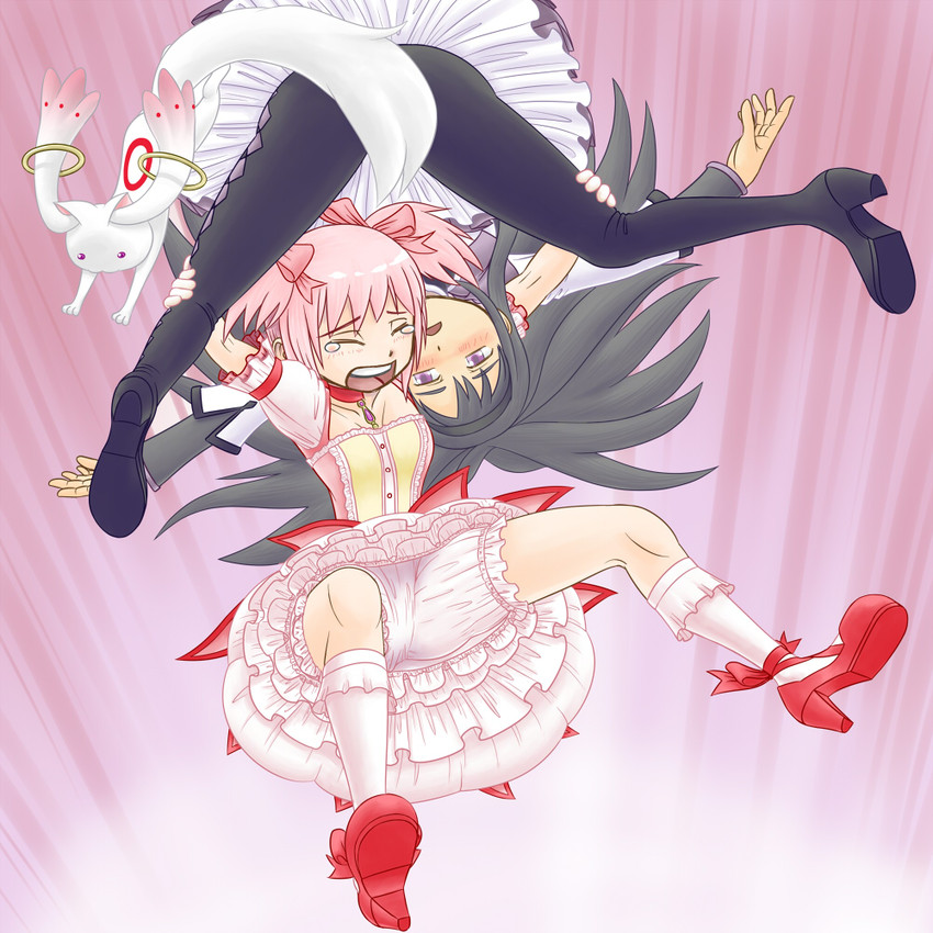 akemi homura, kaname madoka, and kyubey (mahou shoujo madoka magica) drawn by robin_(ichiyanagi_hiroyuki)