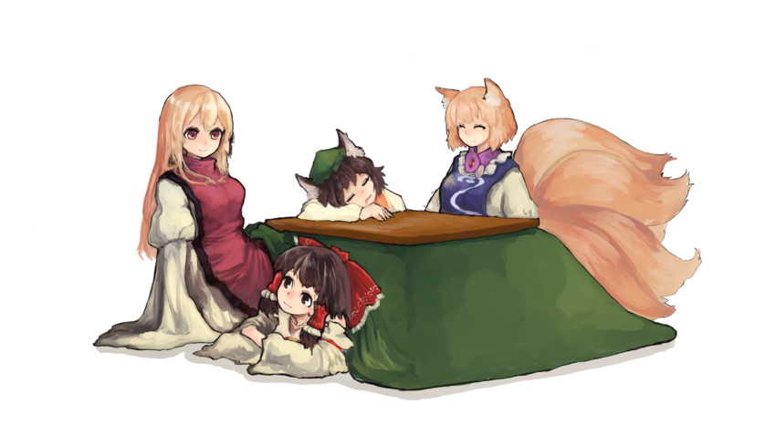 hakurei reimu, yakumo yukari, yakumo ran, and chen (touhou) drawn by morisshi