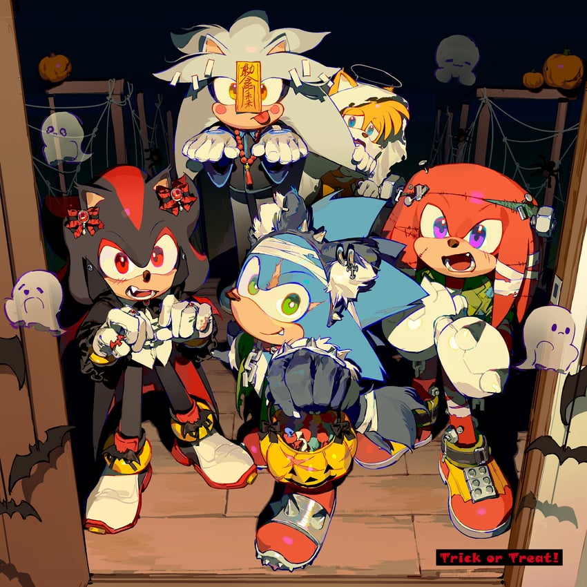 sonic the hedgehog, shadow the hedgehog, tails, knuckles the echidna, and silver the hedgehog (sonic) drawn by dongbomu
