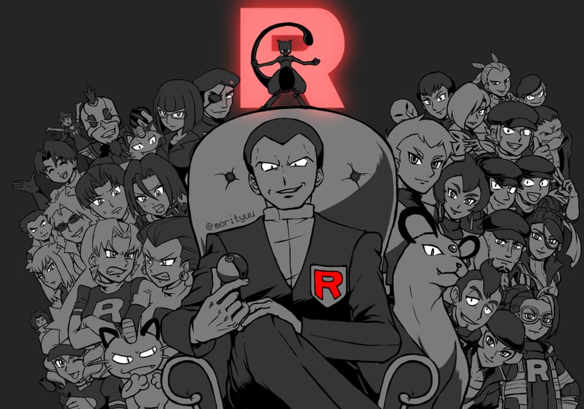 jessie, james, meowth, mewtwo, giovanni, and 29 more (pokemon and 7 more) drawn by morityuu