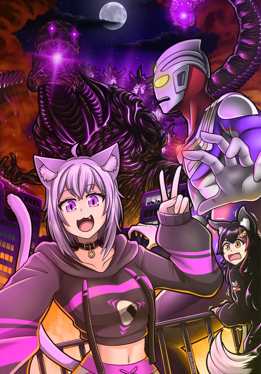 nekomata okayu, ookami mio, godzilla, and ultraman tiga (hololive and 4 more) drawn by janusjan