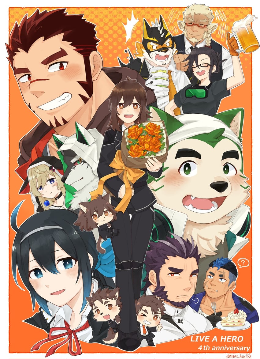akashi, male protagonist, ryekie, mokdai, female protagonist, and 7 more (live a hero) drawn by katou_hsm153