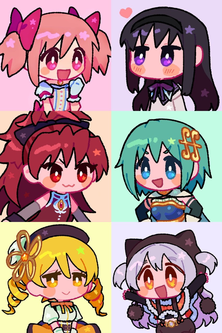 akemi homura, kaname madoka, miki sayaka, sakura kyoko, tomoe mami, and 1 more (mahou shoujo madoka magica and 1 more) drawn by yooki_(winter_cakes)