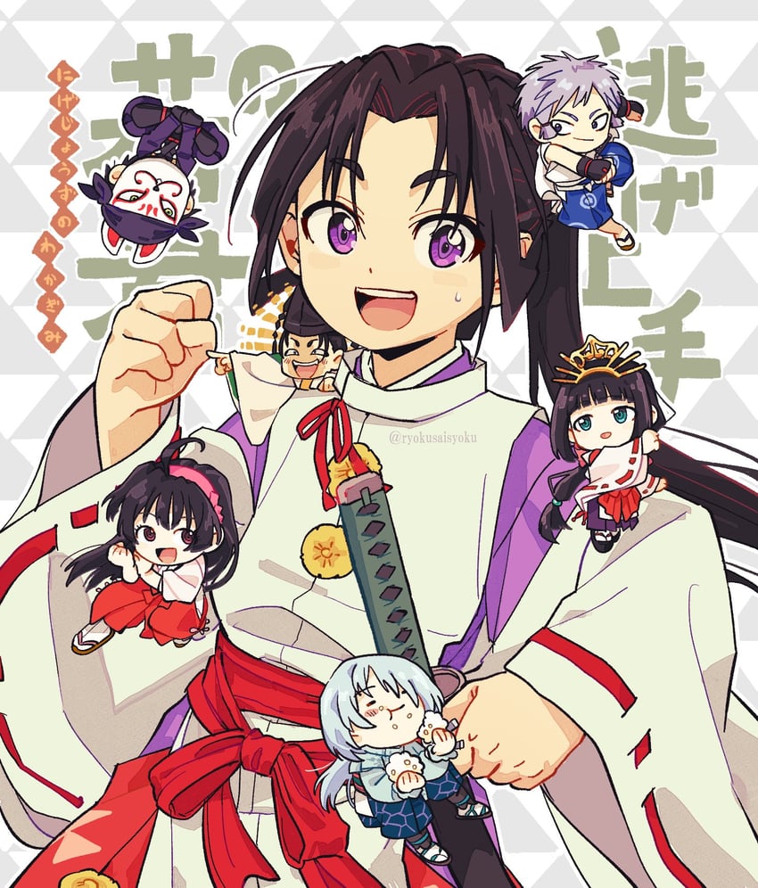 houjou tokiyuki, suwa yorishige, mochizuki ayako, shizuku, fubuki, and 2 more (nige jouzu no wakagimi) drawn by ryokusaisyoku
