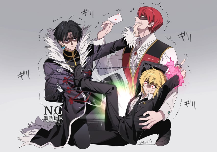 kurapika, hisoka morow, and chrollo lucilfer (hunter x hunter) drawn by enoki_3106