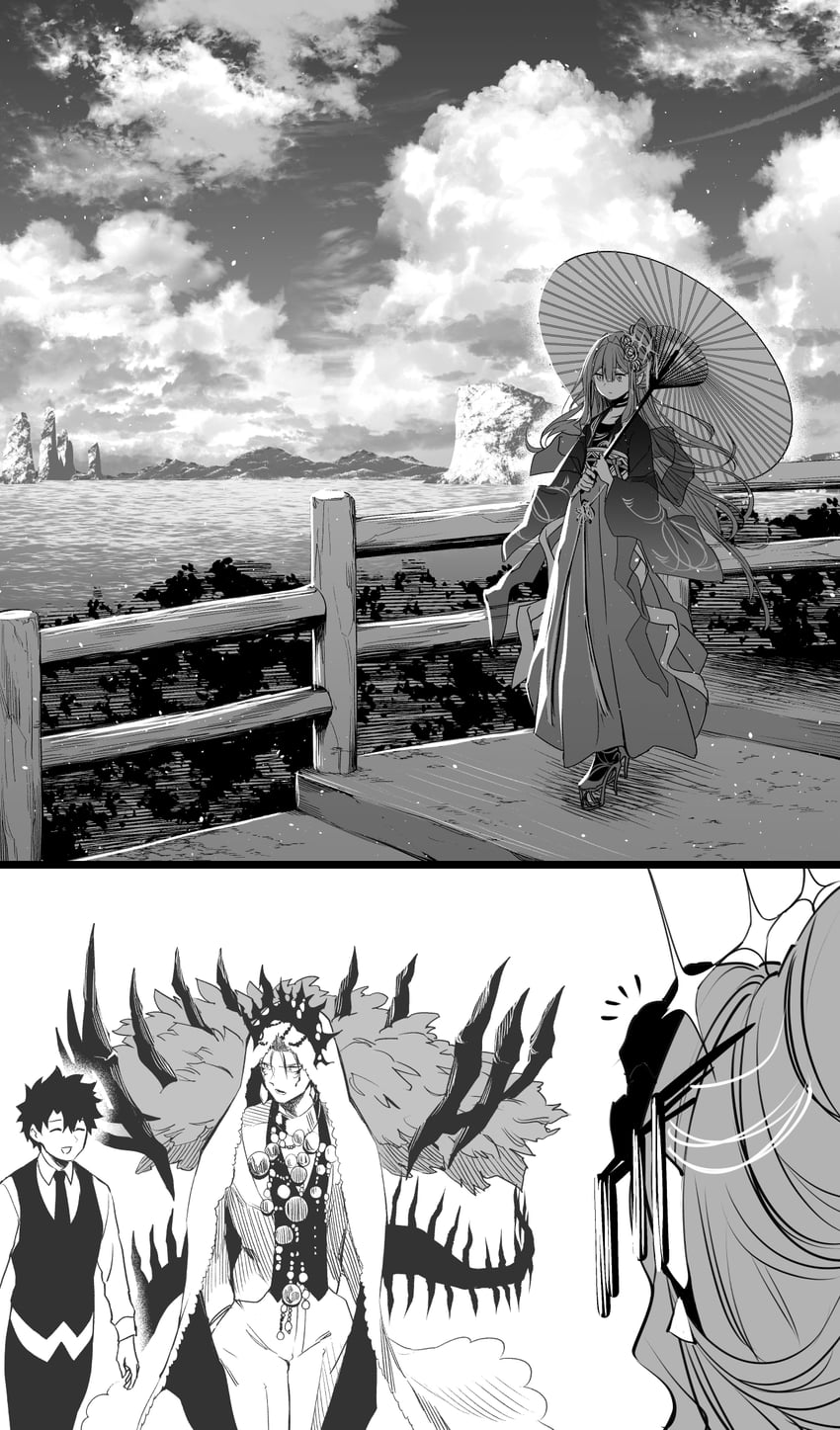 fujimaru ritsuka, cu chulainn, baobhan sith, and cu chulainn alter (fate and 1 more) drawn by hirunagi