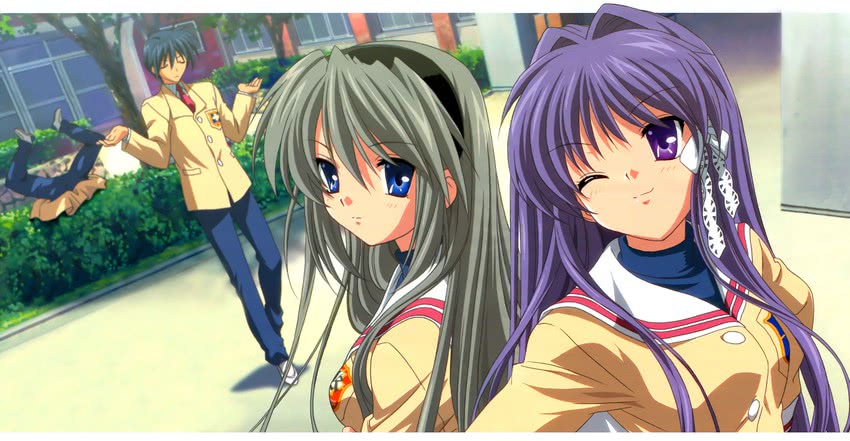 fujibayashi kyou, sakagami tomoyo, okazaki tomoya, and sunohara youhei (clannad)