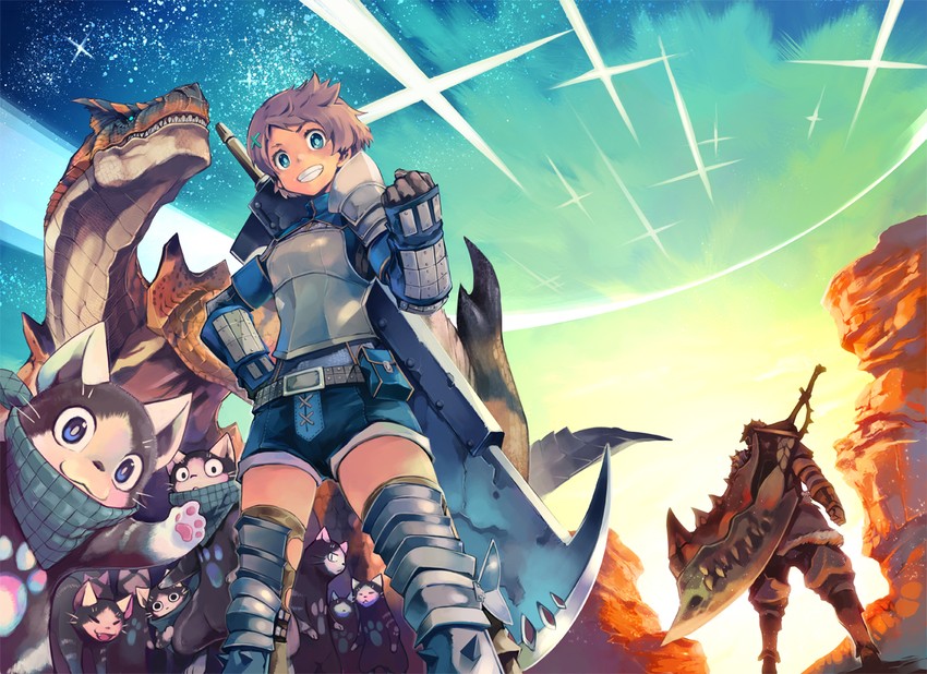 monster hunter, tigrex, melynx, and steel armor (monster hunter) drawn by fuse_ryuuta