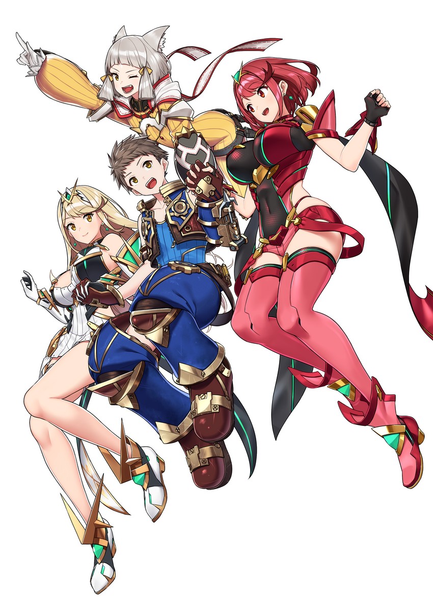 pyra, mythra, nia, and rex (xenoblade chronicles and 1 more) drawn by baffu