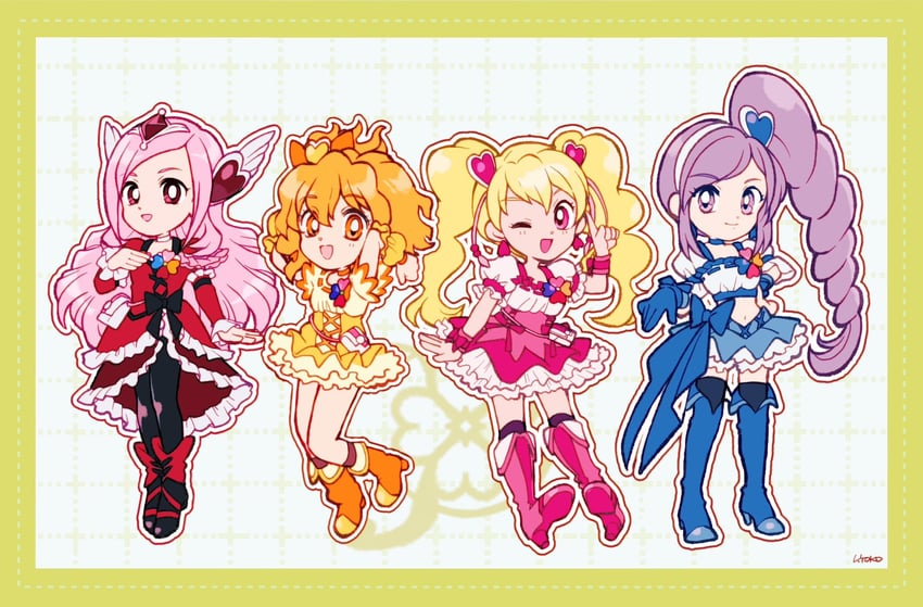 higashi setsuna, momozono love, cure peach, yamabuki inori, aono miki, and 3 more (precure and 1 more) drawn by uwded_207