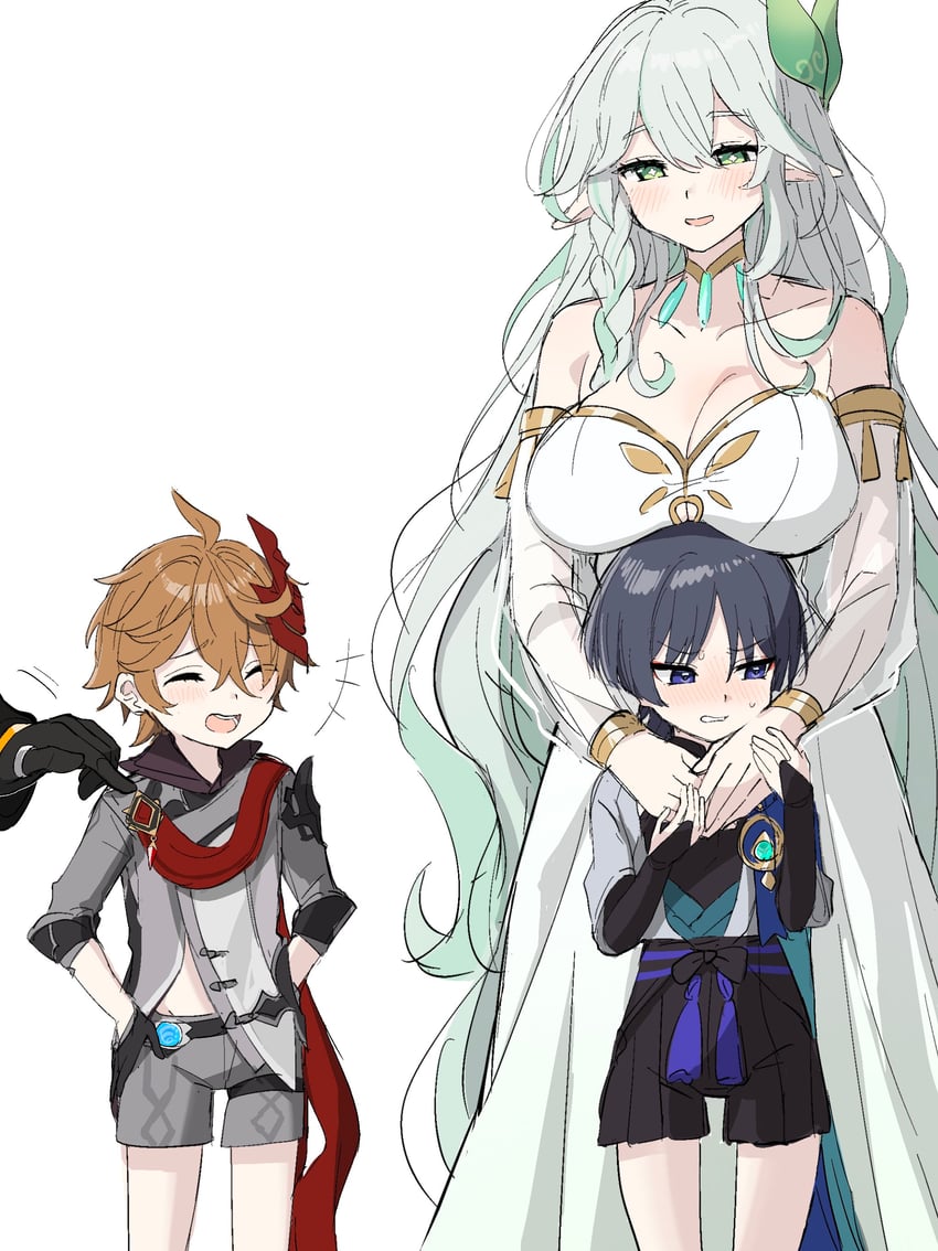 scaramouche, nahida, zhongli, wanderer, tartaglia, and 1 more (genshin impact) drawn by nipio