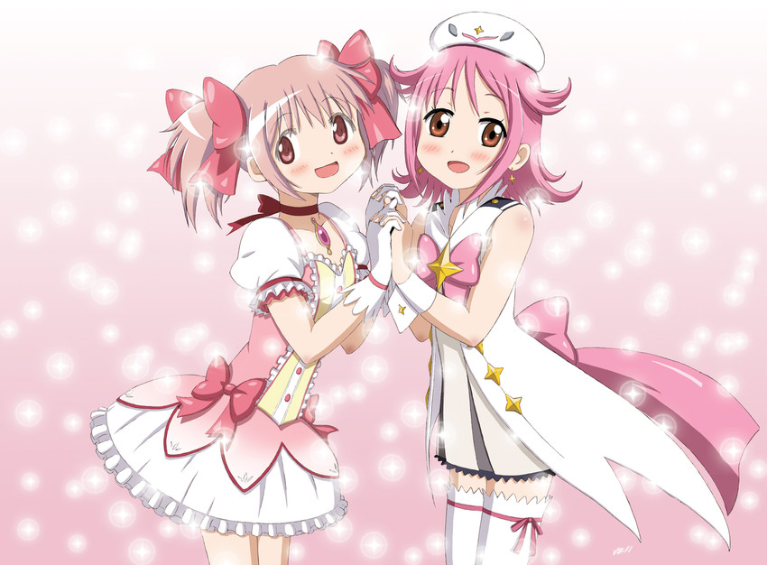 kaname madoka and subaru (mahou shoujo madoka magica and 1 more) drawn by vzmk2
