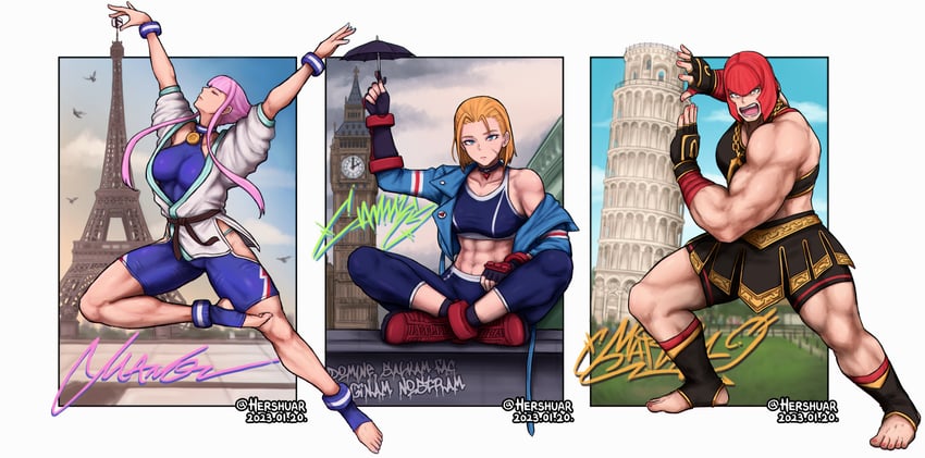 cammy white, manon legrand, and marisa (street fighter and 1 more) drawn by hershuar