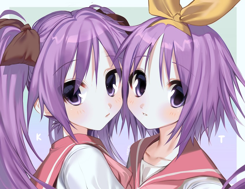 hiiragi kagami and hiiragi tsukasa (lucky star) drawn by unxi