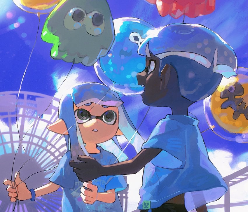 inkling player character, inkling girl, inkling boy, and jellyfish (splatoon) drawn by miko_(15476997)
