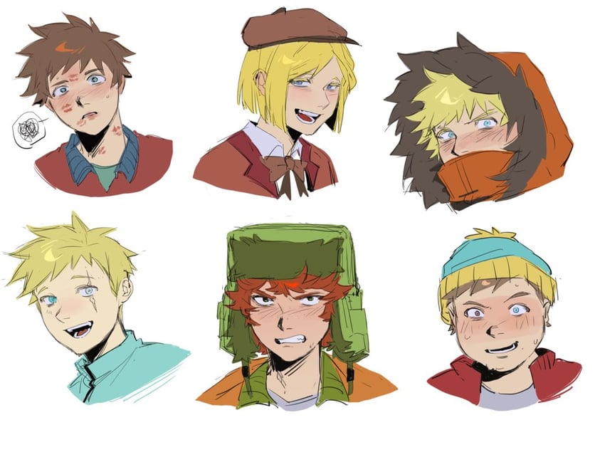 kenny mccormick, kyle broflovski, eric cartman, butters stotch, clyde donovan, and 1 more (south park) drawn by kugai697139