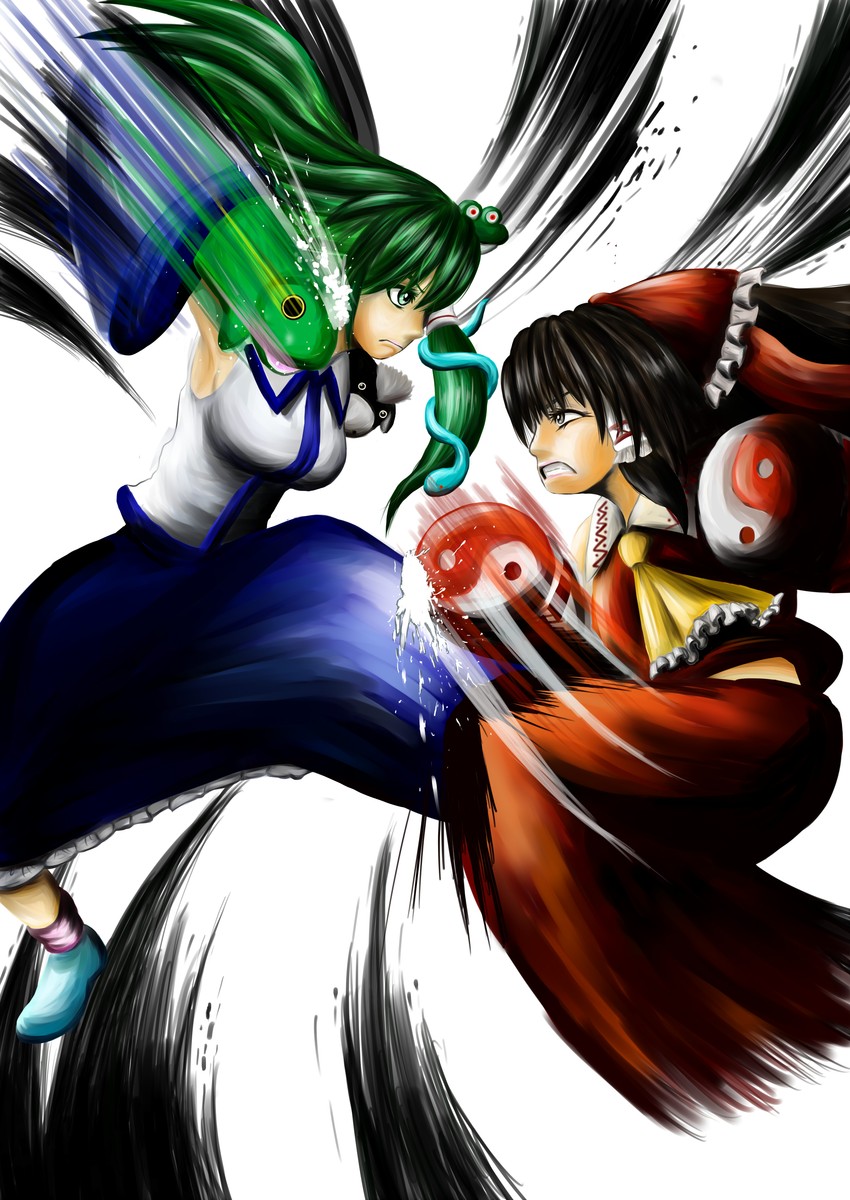 hakurei reimu and kochiya sanae (touhou and 2 more) drawn by hi34