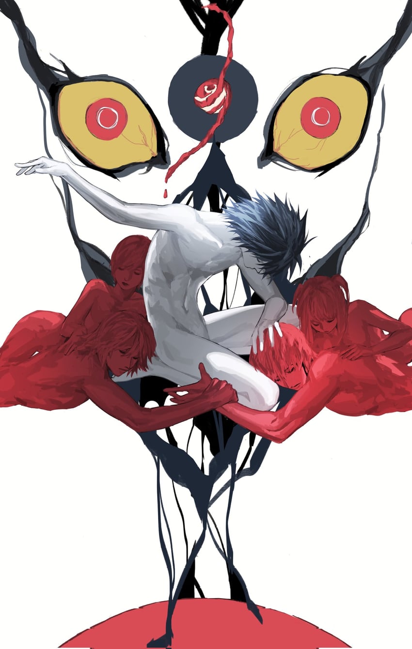yagami light, l, amane misa, ryuk, mikami teru, and 1 more (death note) drawn by woyaocharlie