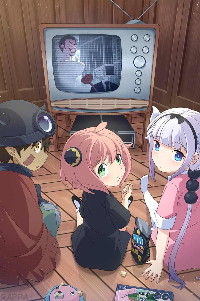 anya, kanna kamui, reg, director chimera, skibidi toilet, and 1 more (spy x family and 3 more) drawn by rappa_(sirrappa)