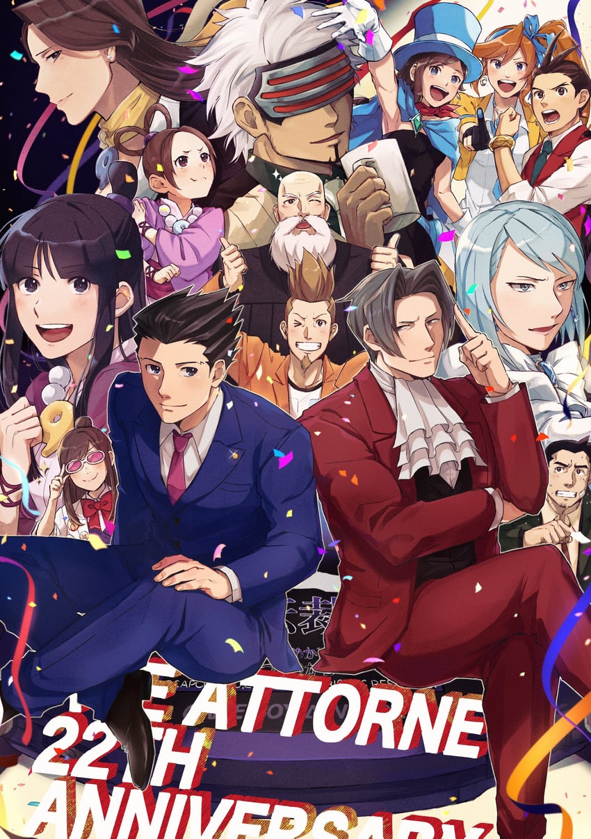 phoenix wright, miles edgeworth, maya fey, franziska von karma, trucy wright, and 8 more (ace attorney and 2 more) drawn by yyyo_m7