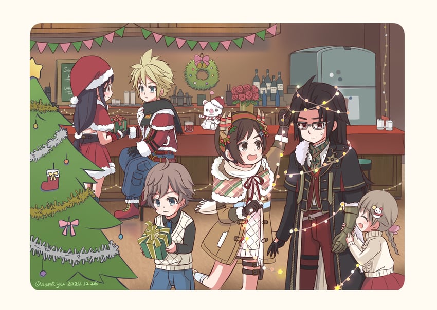 tifa lockhart, cloud strife, yuffie kisaragi, moogle, vincent valentine, and 2 more (final fantasy and 3 more) drawn by asami_yutori