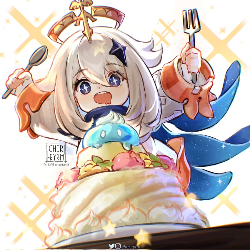 paimon, slime, and hydro slime (genshin impact) drawn by ryrmcher