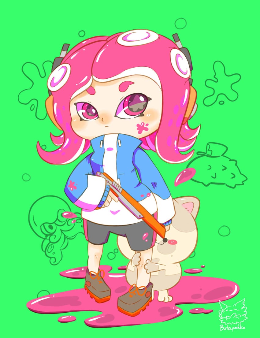 octoling player character, octoling girl, li'l judd, and c.q. cumber (splatoon) drawn by butapokko
