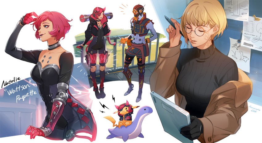 pikachu, wattson, octane, nessie, and cyber punked wattson (pokemon and 1 more) drawn by iwamoto_zerogo