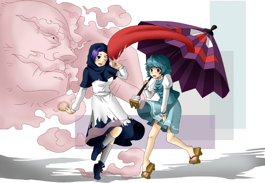tatara kogasa, kumoi ichirin, and unzan (touhou) drawn by shia_(lv43)