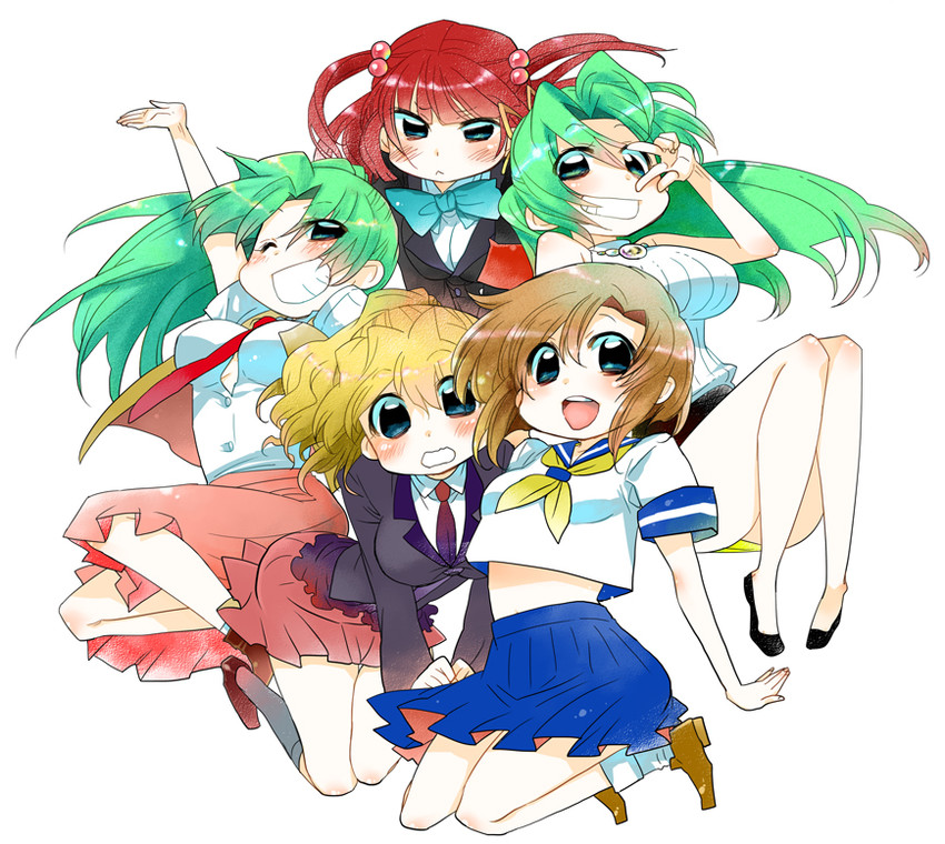 ryuuguu rena, sonozaki mion, sonozaki shion, ushiromiya ange, and ushiromiya jessica (higurashi no naku koro ni and 1 more) drawn by suwaru