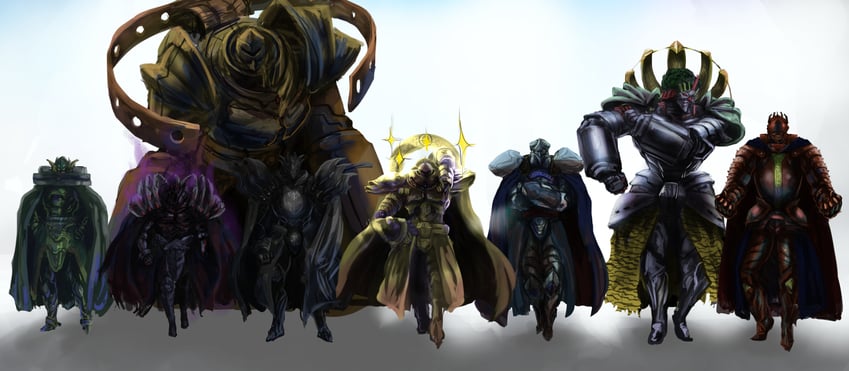 mobius the frost monarch, raiza the storm monarch, zaborg the thunder monarch, caius the shadow monarch, kuraz the light monarch, and 3 more (yu-gi-oh!) drawn by hey_taisyou