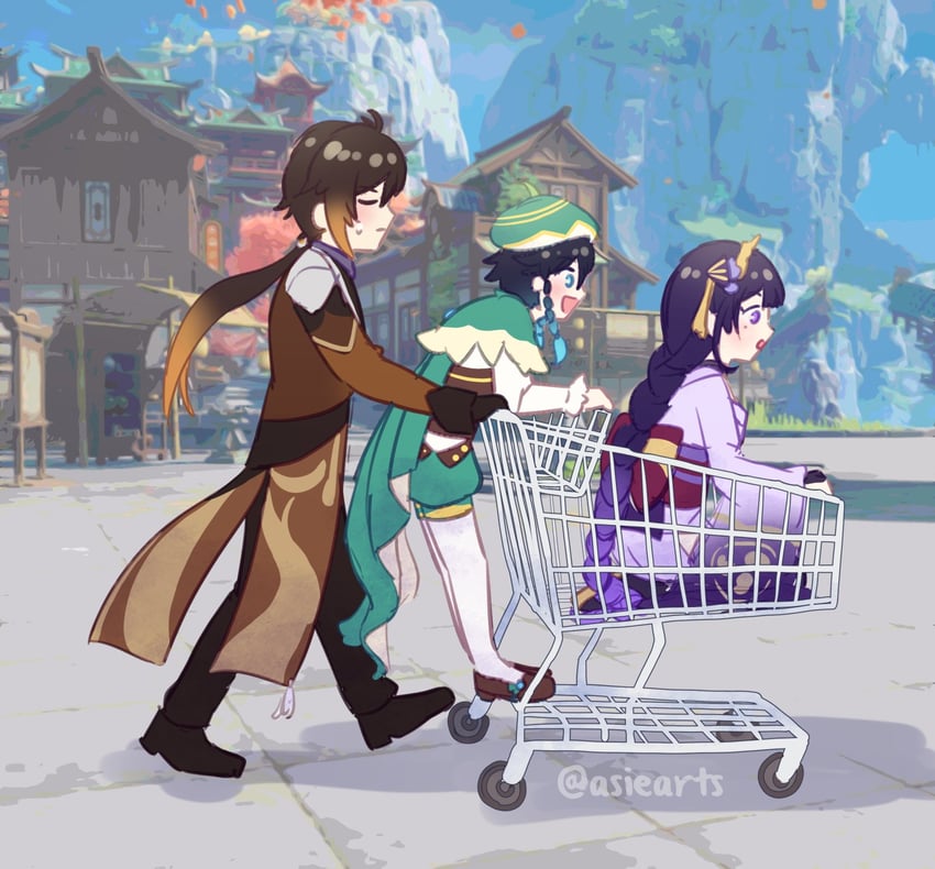 raiden shogun, zhongli, and venti (genshin impact) drawn by asiearts