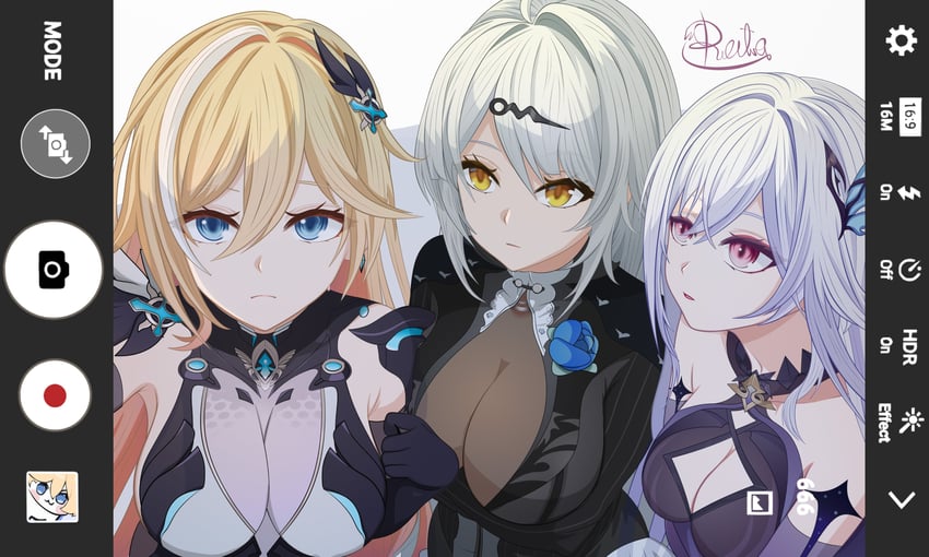 durandal, skirk, noto mamiko, and yixuan (genshin impact and 4 more) drawn by niireila