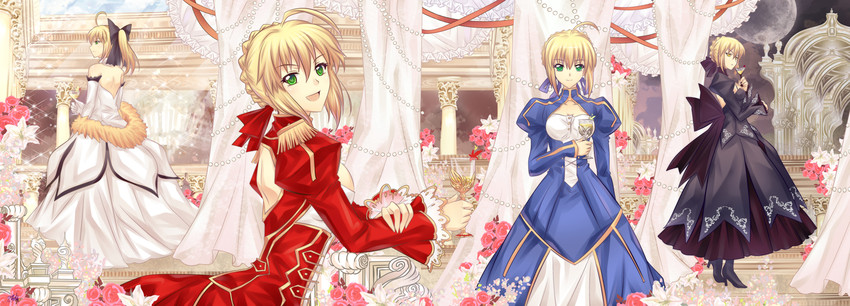 artoria pendragon, saber, nero claudius, saber alter, and saber lily (fate and 4 more) drawn by riyun_(halodark)