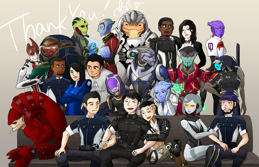 commander shepard, tali'zorah, liara t'soni, garrus vakarian, miranda lawson, and 19 more (mass effect and 1 more) drawn by sawa_(saza)