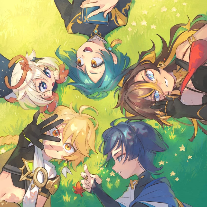 scaramouche, aether, wanderer, paimon, xingqiu, and 1 more (genshin impact) drawn by ukata