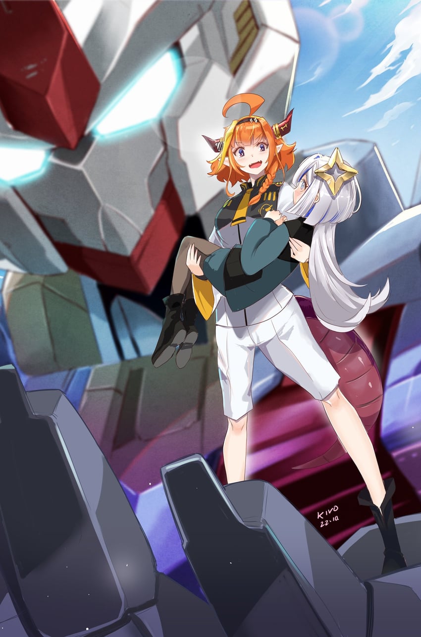 suletta mercury, amane kanata, miorine rembran, kiryu coco, and gundam aerial (hololive and 2 more) drawn by kivo