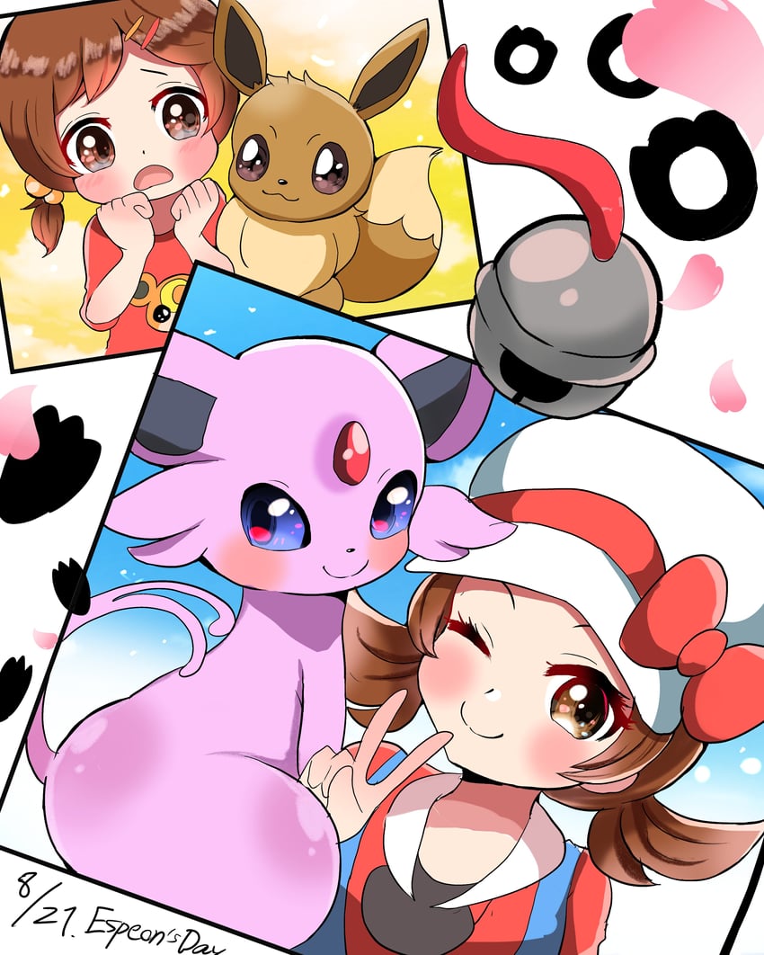 eevee, lyra, espeon, and teddiursa (pokemon and 1 more) drawn by carrot_summer