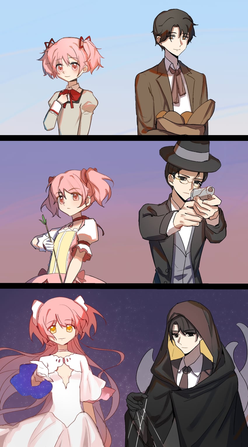 kaname madoka, klein moretti, and gehrman sparrow (mahou shoujo madoka magica and 1 more) drawn by aqi233