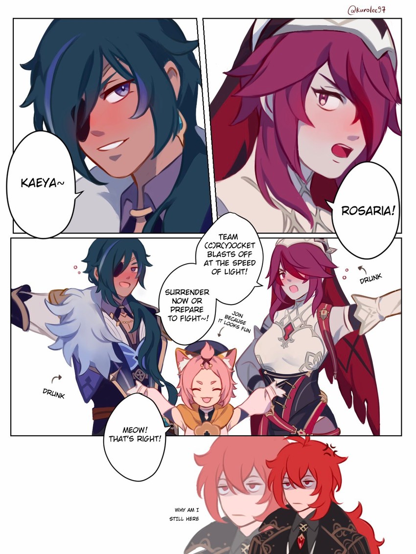 diluc, kaeya, rosaria, and diona (pokemon and 1 more) drawn by kuro_lee