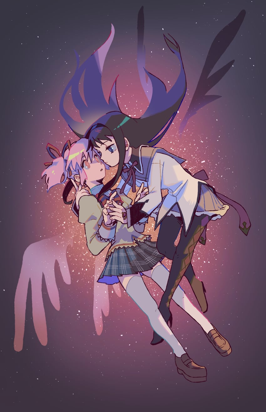 akemi homura and kaname madoka (mahou shoujo madoka magica) drawn by yooki_(winter_cakes)