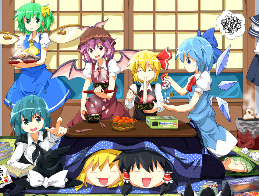 hakurei reimu, kirisame marisa, cirno, rumia, reiuji utsuho, and 3 more (touhou) drawn by ruu_(tksymkw)