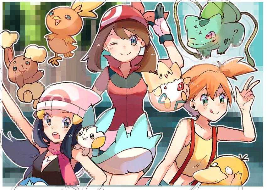 dawn, may, misty, piplup, bulbasaur, and 4 more (pokemon and 2 more) drawn by ririmon