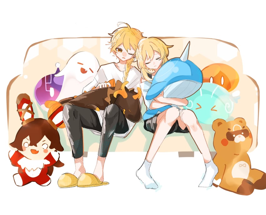 lumine, aether, boo tao, slime, guoba, and 4 more (genshin impact) drawn by 34twin22