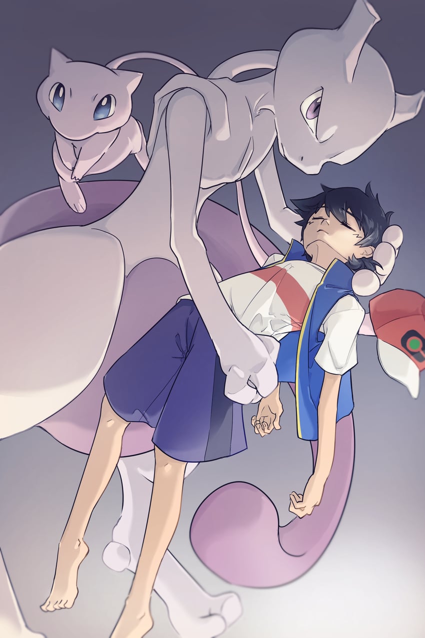 ash ketchum, mew, and mewtwo (pokemon and 1 more) drawn by alire_poke