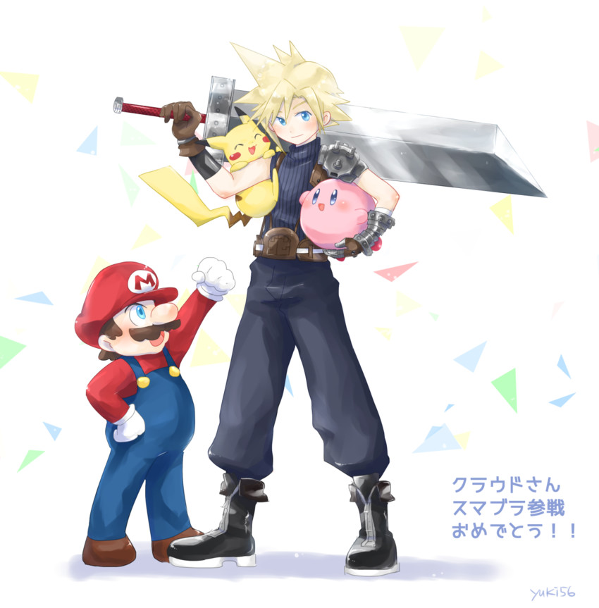 pikachu, cloud strife, kirby, and mario (pokemon and 5 more) drawn by yuki56